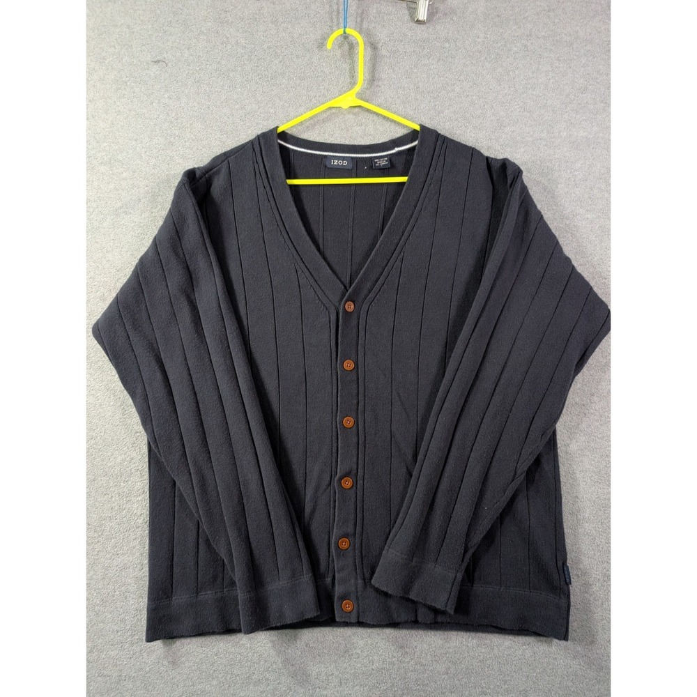 IZOD Men's Navy Blue Rib Knit Cardigan Sweater Large 100% Cotton Grandpa